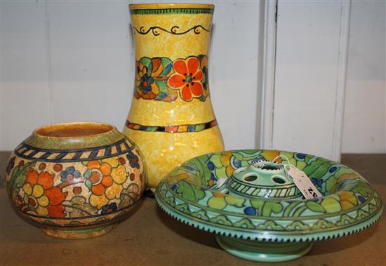 Charlotte Rhead posy holder, Crown Ducal yellow jug and Charlotte Rhead squat vase